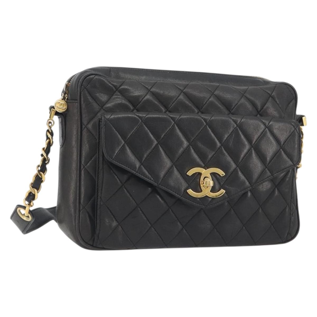CHANEL Matelasse Chain Shoulder Bag Lamb Skin Black Gold Tone CC Auth 194099