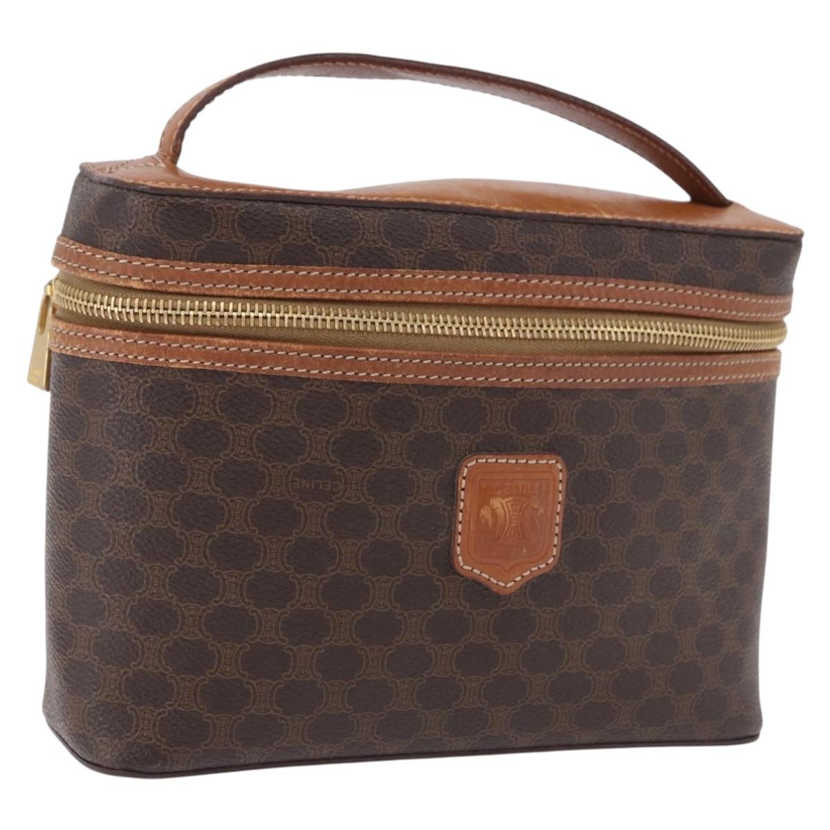 CELINE Macadam Vanity Cosmetic Pouch PVC Leather Brown Gold Tone Auth 194108