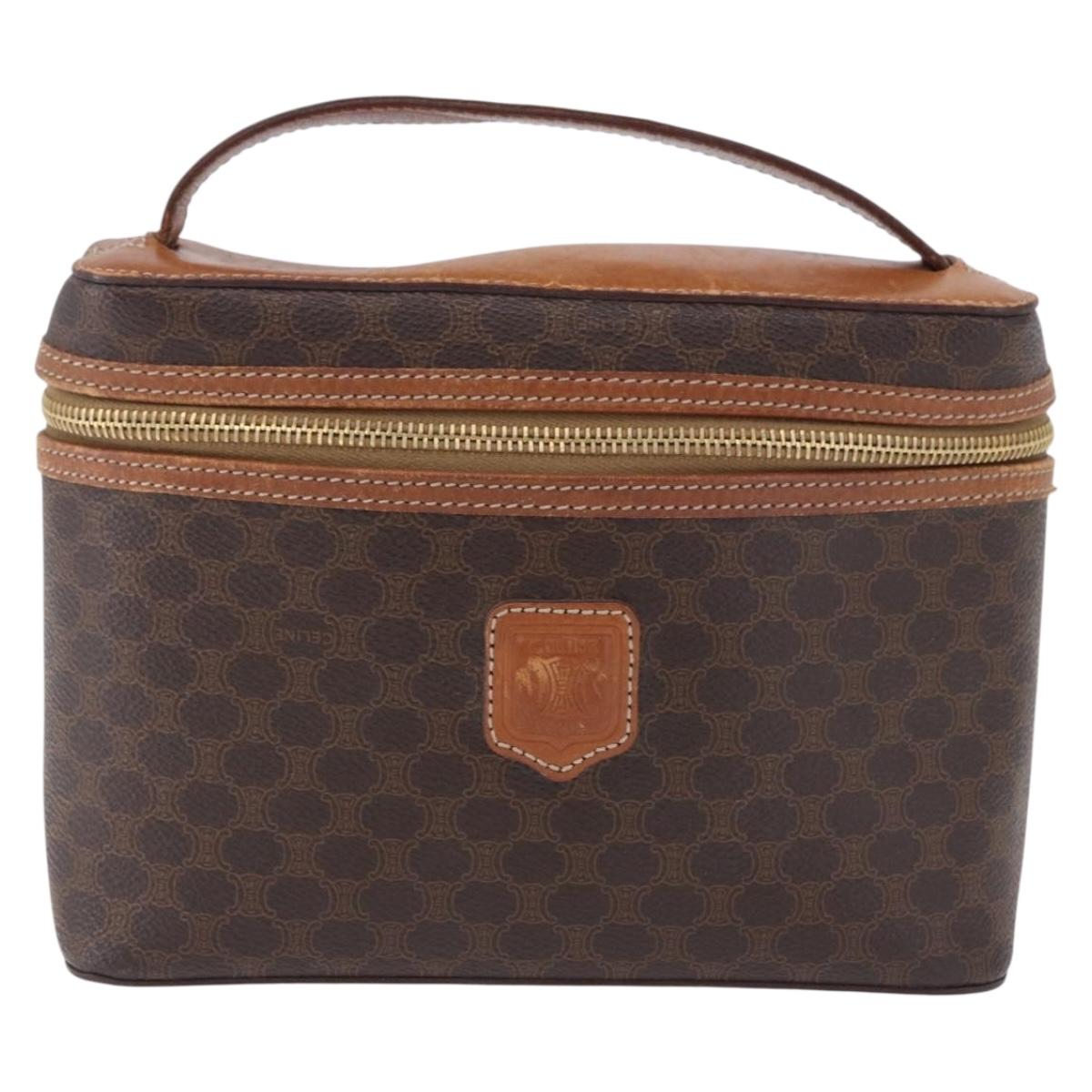 CELINE Macadam Vanity Cosmetic Pouch PVC Leather Brown Gold Tone Auth 194108