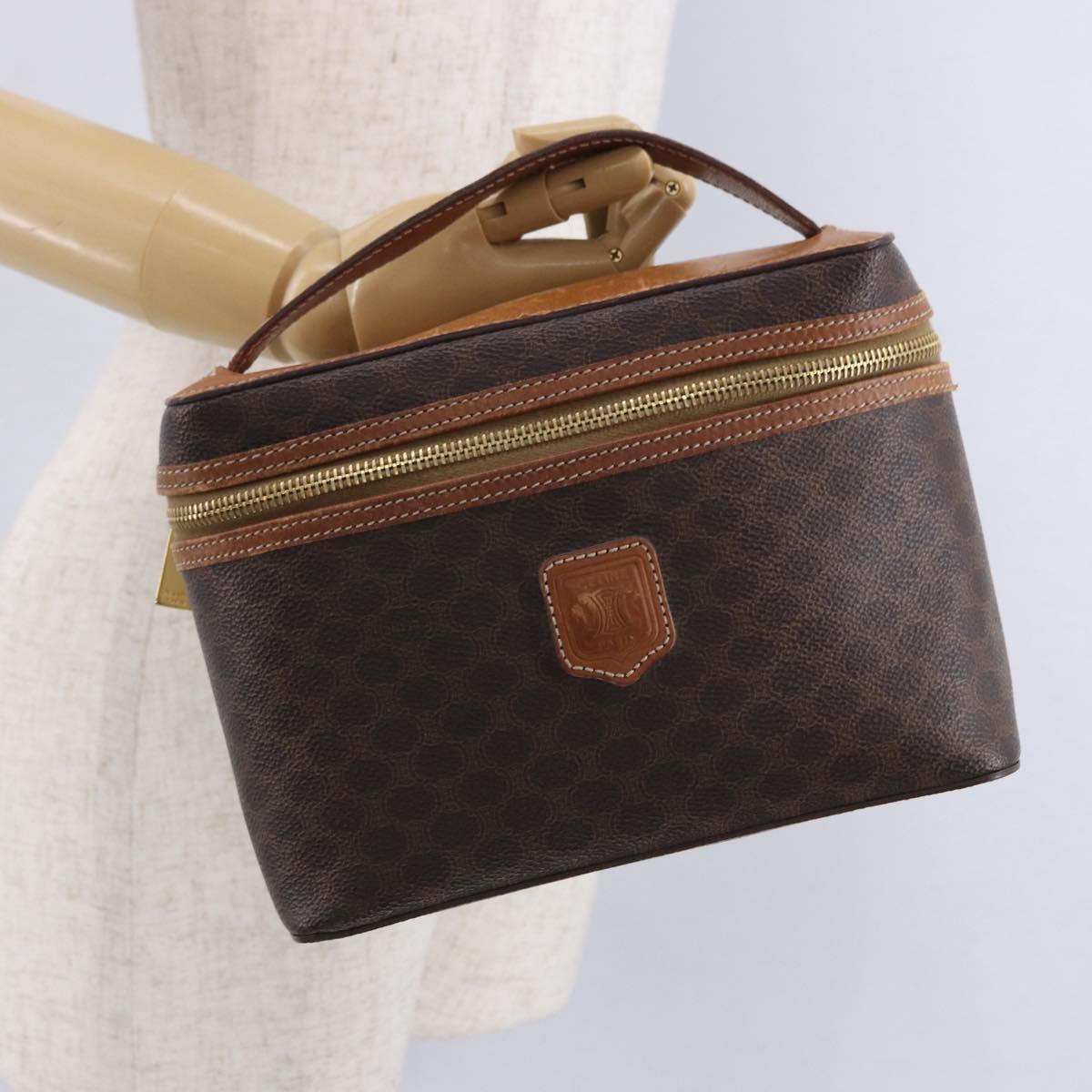 CELINE Macadam Vanity Cosmetic Pouch PVC Leather Brown Gold Tone Auth 194108