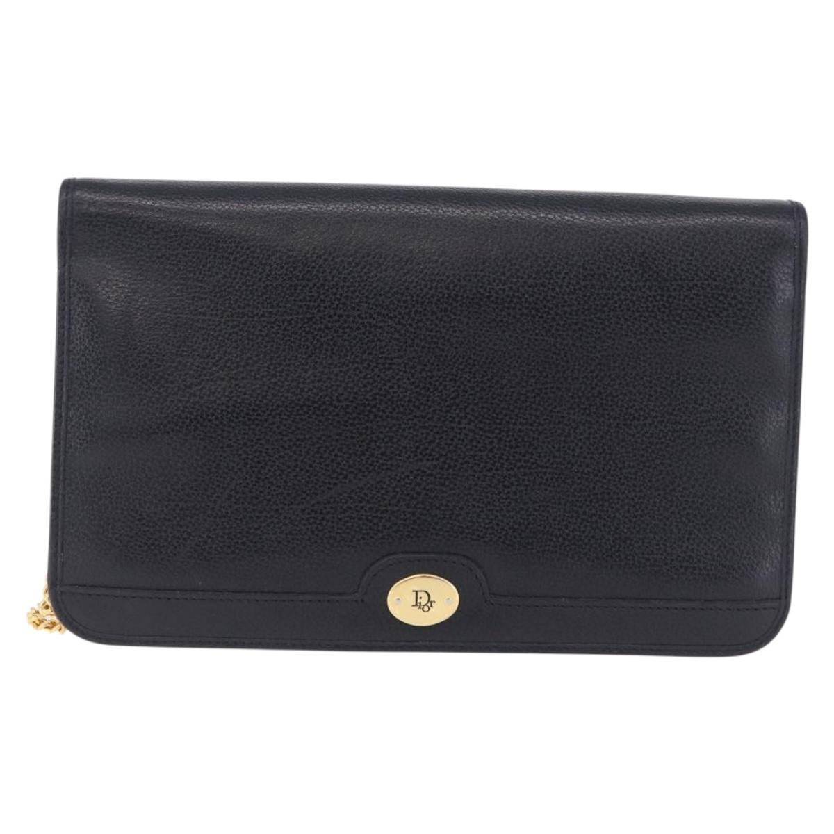 Christian Dior Chain Shoulder Bag Leather Black Gold Auth 194112A