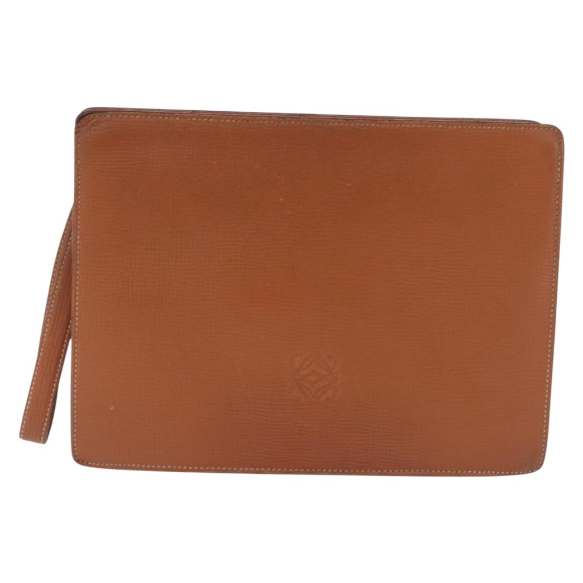 LOEWE Clutch Bag Leather Brown Gold Tone Auth 194113