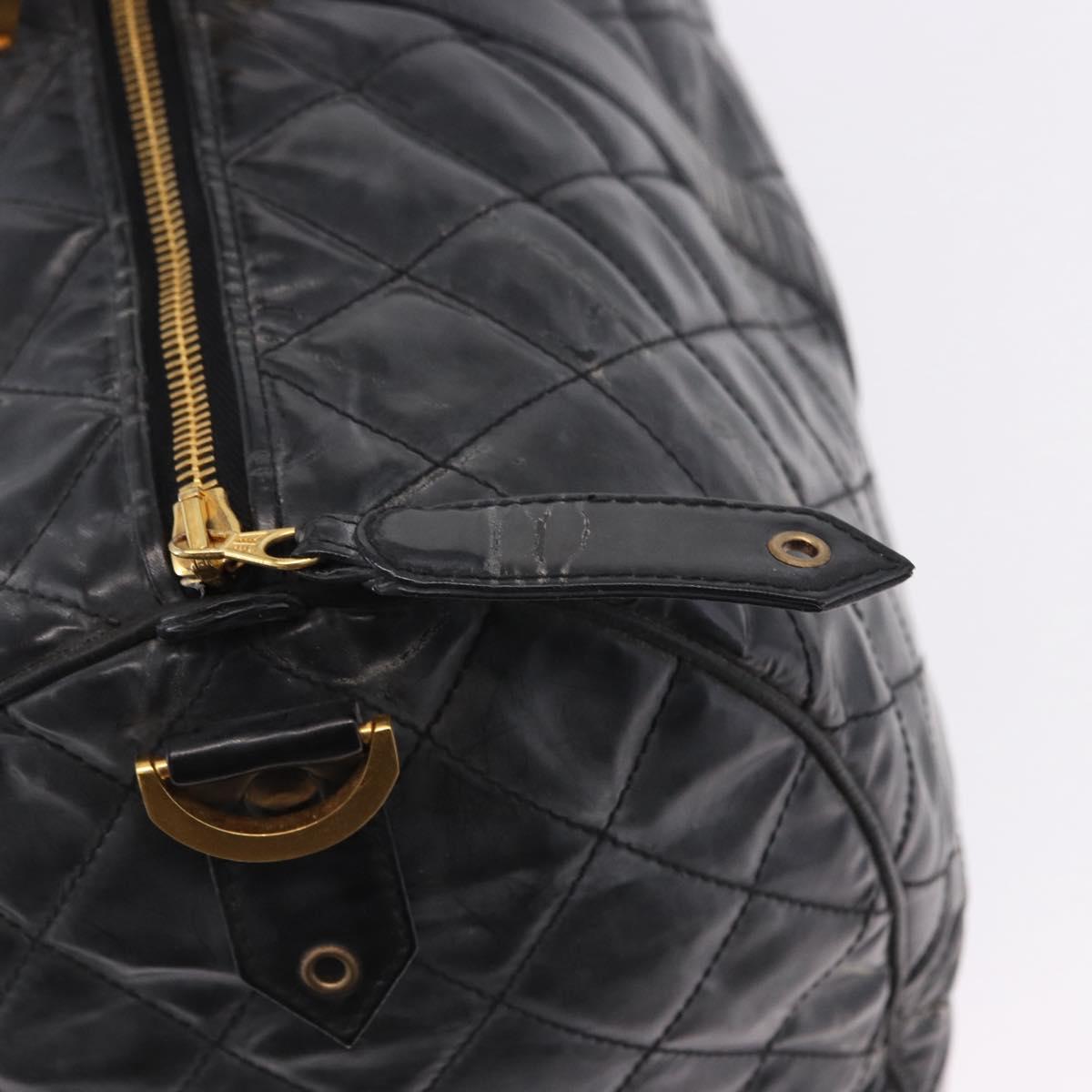 CHANEL Bicolore Boston Bag Patent Black Gold Tone CC Auth 194114
