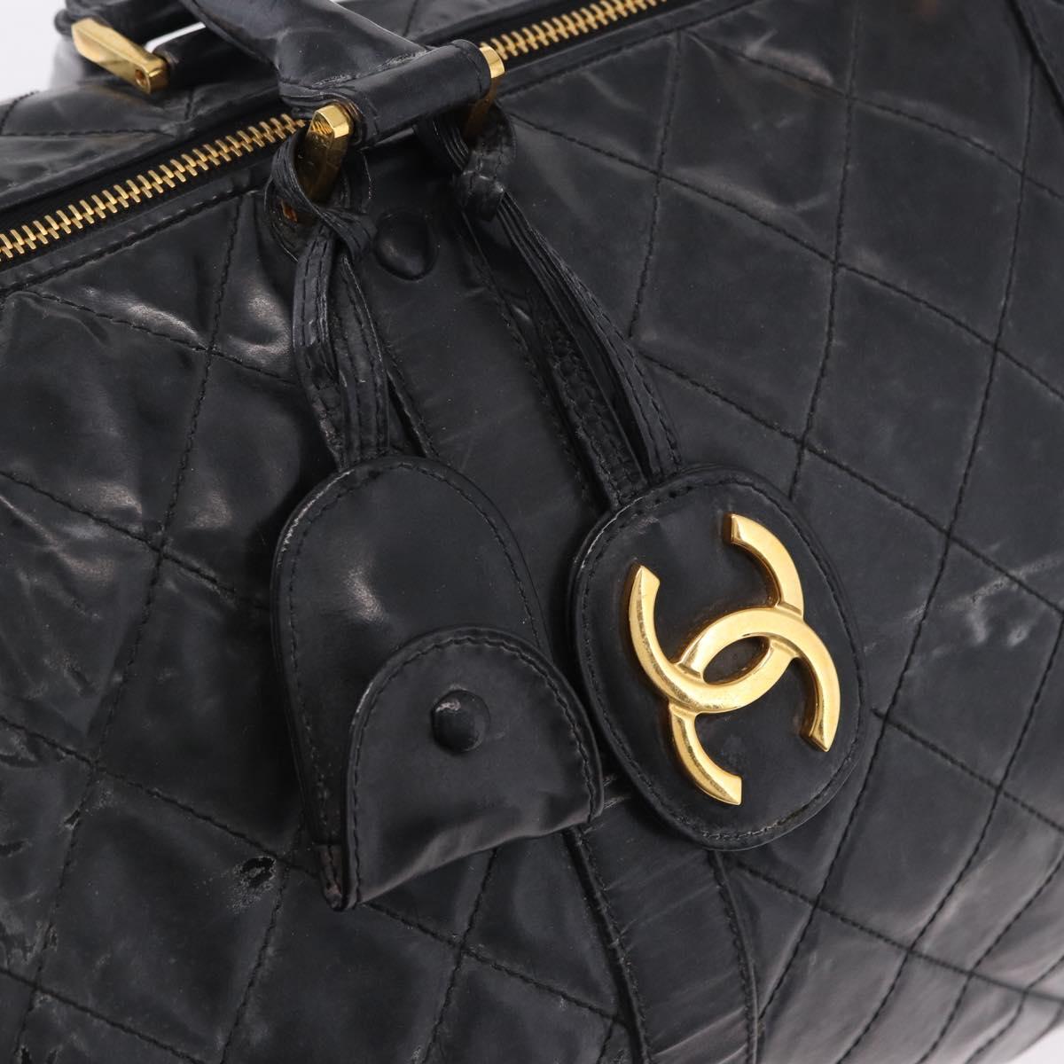 CHANEL Bicolore Boston Bag Patent Black Gold Tone CC Auth 194114