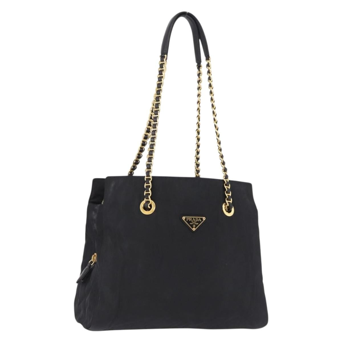 PRADA Chain Shoulder Bag Nylon Black Gold Tone Auth 194116