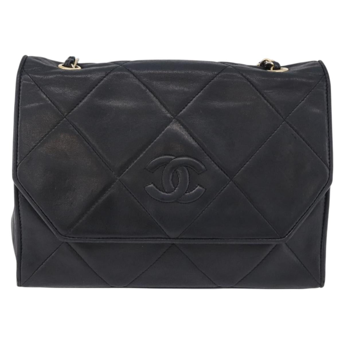 CHANEL Matelasse Chain Shoulder Bag Lamb Skin Black Gold Tone CC Auth 194117A