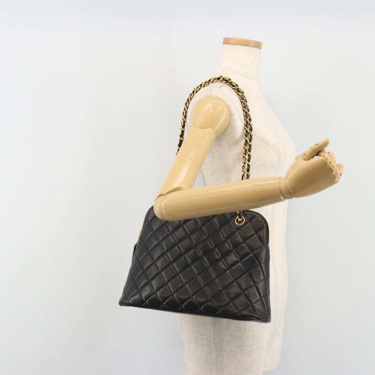CHANEL Matelasse Chain Shoulder Bag Lamb Skin Black Gold Tone CC Auth 194120V