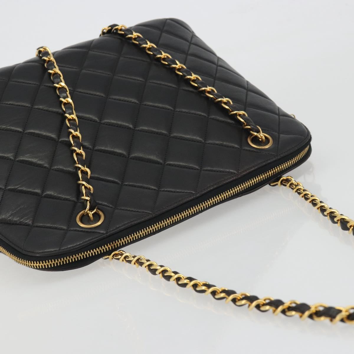 CHANEL Matelasse Chain Shoulder Bag Lamb Skin Black Gold Tone CC Auth 194120V