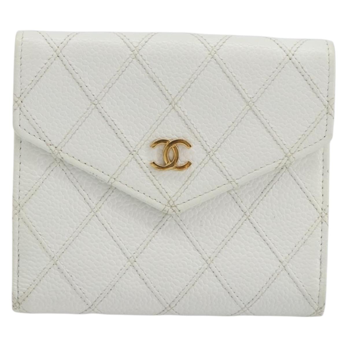 CHANEL Bicolore Bifold Wallet Caviar Skin White Gold Tone CC Auth 194133A