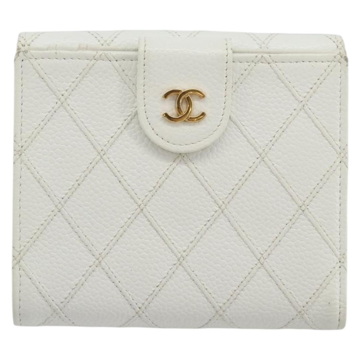 CHANEL Bicolore Bifold Wallet Caviar Skin White Gold Tone CC Auth 194133A