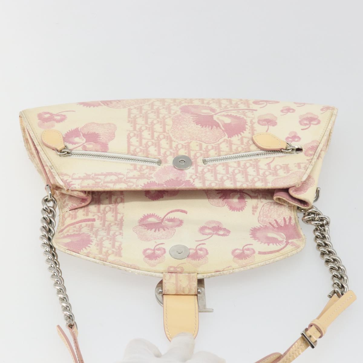 Christian Dior Saddle Chain Shoulder Bag Canvas Pink Silver Auth 194136
