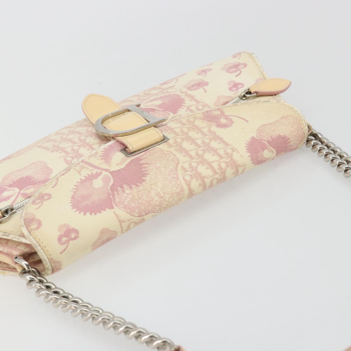 Christian Dior Saddle Chain Shoulder Bag Canvas Pink Silver Auth 194136