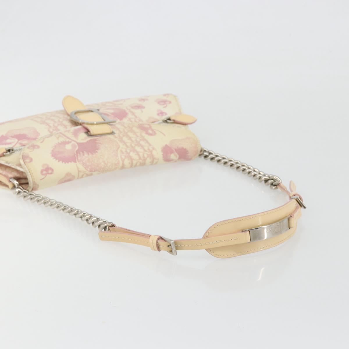 Christian Dior Saddle Chain Shoulder Bag Canvas Pink Silver Auth 194136