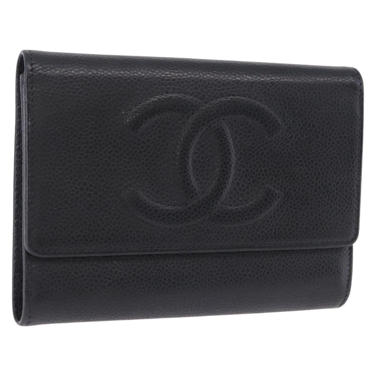CHANEL COCO Mark Bifold Wallet Caviar Skin Black Silver CC Auth 194143A