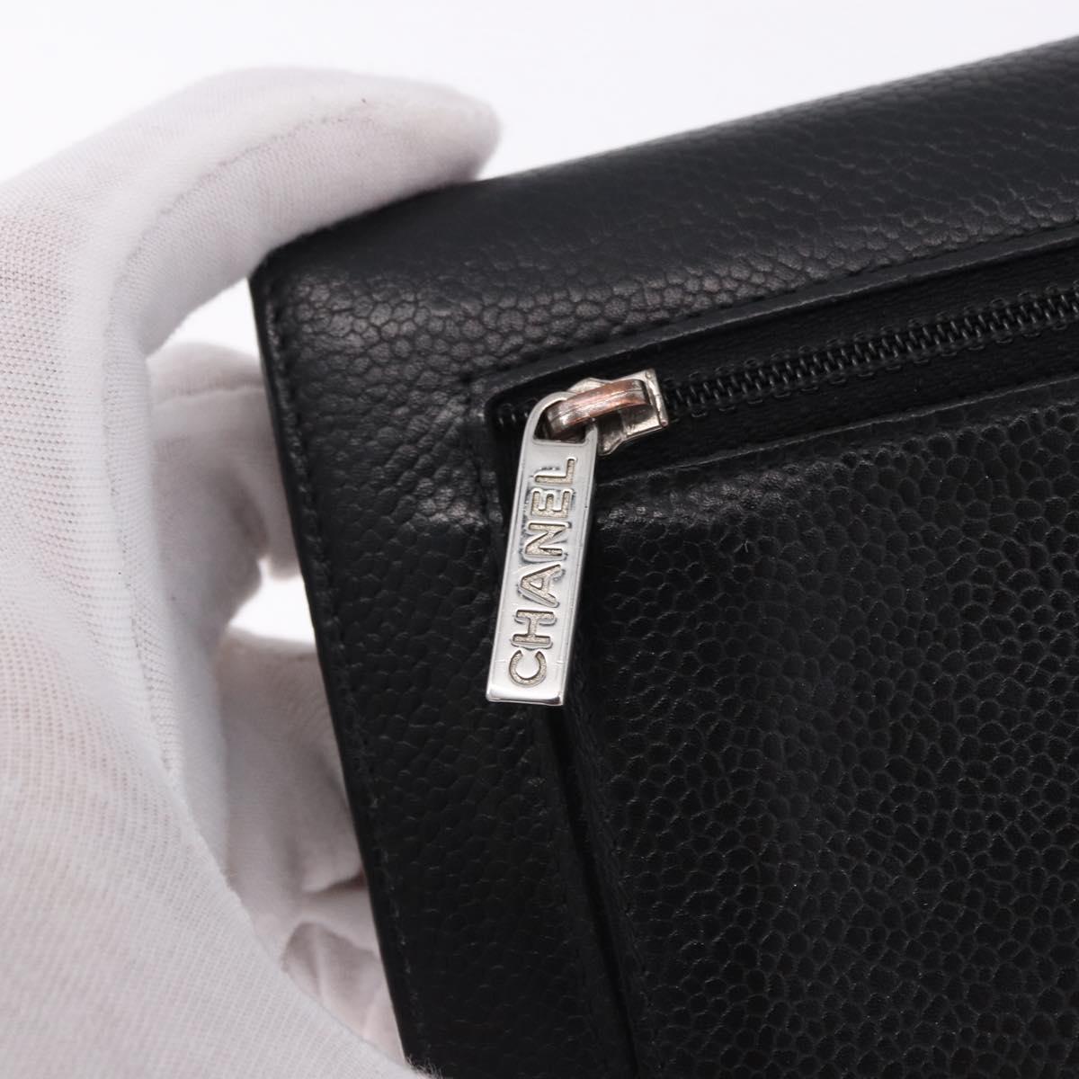 CHANEL COCO Mark Bifold Wallet Caviar Skin Black Silver CC Auth 194143A
