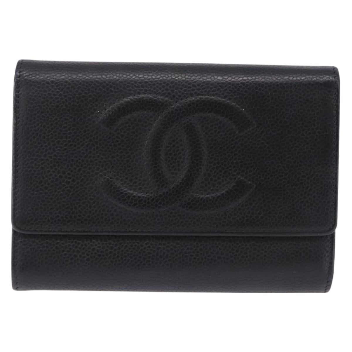 CHANEL COCO Mark Bifold Wallet Caviar Skin Black Silver CC Auth 194143A