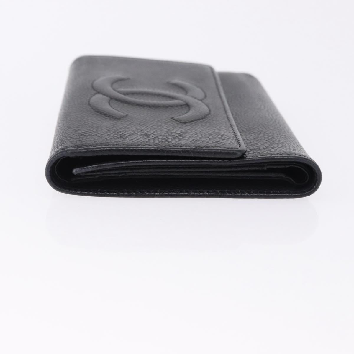 CHANEL COCO Mark Bifold Wallet Caviar Skin Black Silver CC Auth 194143A