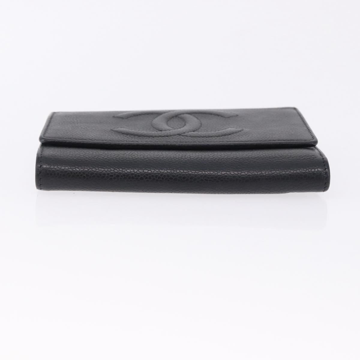 CHANEL COCO Mark Bifold Wallet Caviar Skin Black Silver CC Auth 194143A