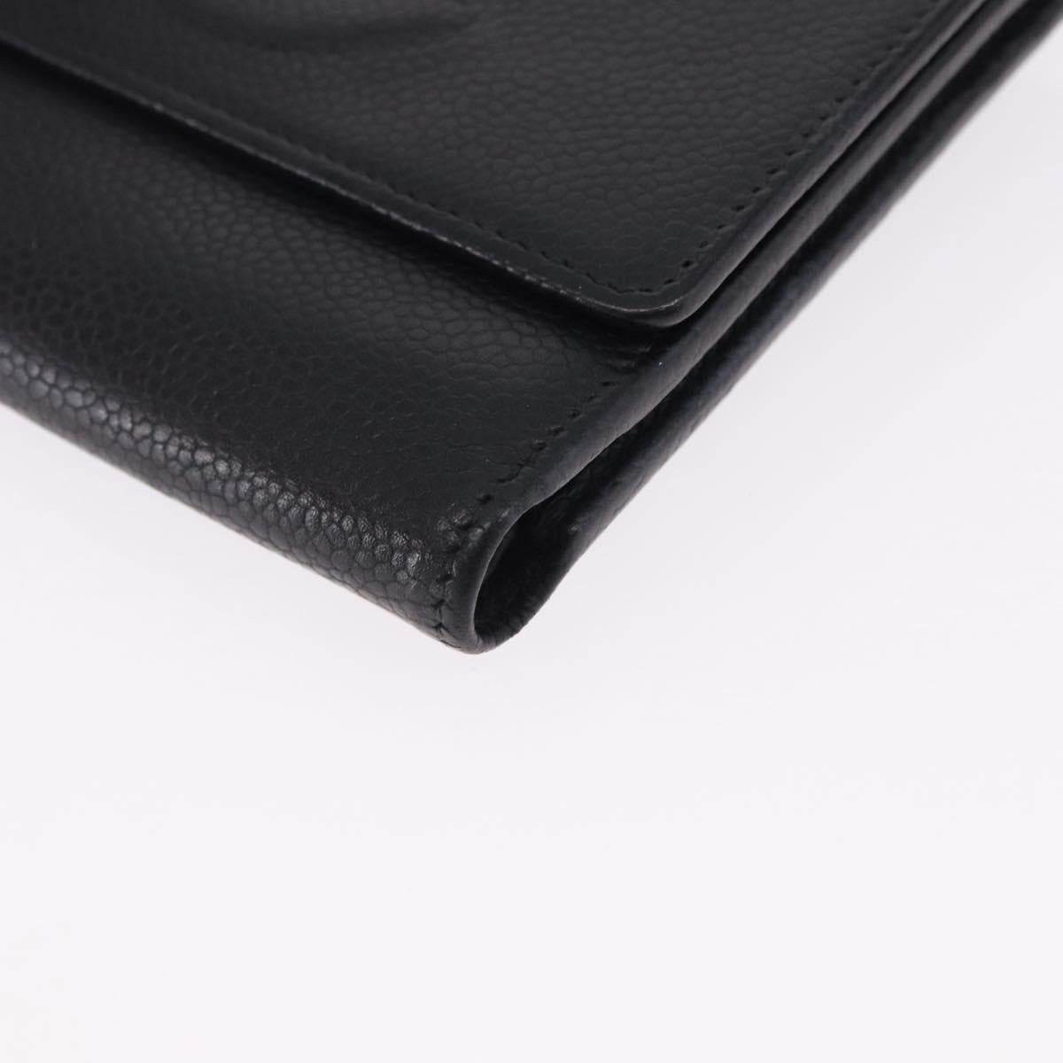 CHANEL COCO Mark Bifold Wallet Caviar Skin Black Silver CC Auth 194143A