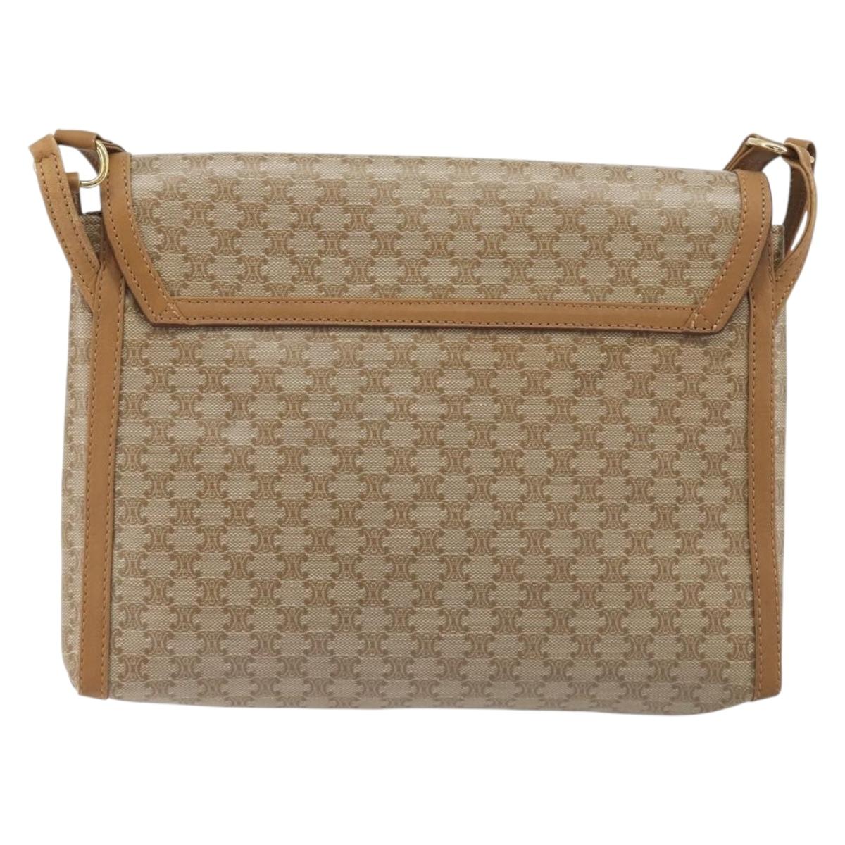 CELINE Macadam Shoulder Bag PVC Leather Beige Gold Tone Auth 194144A