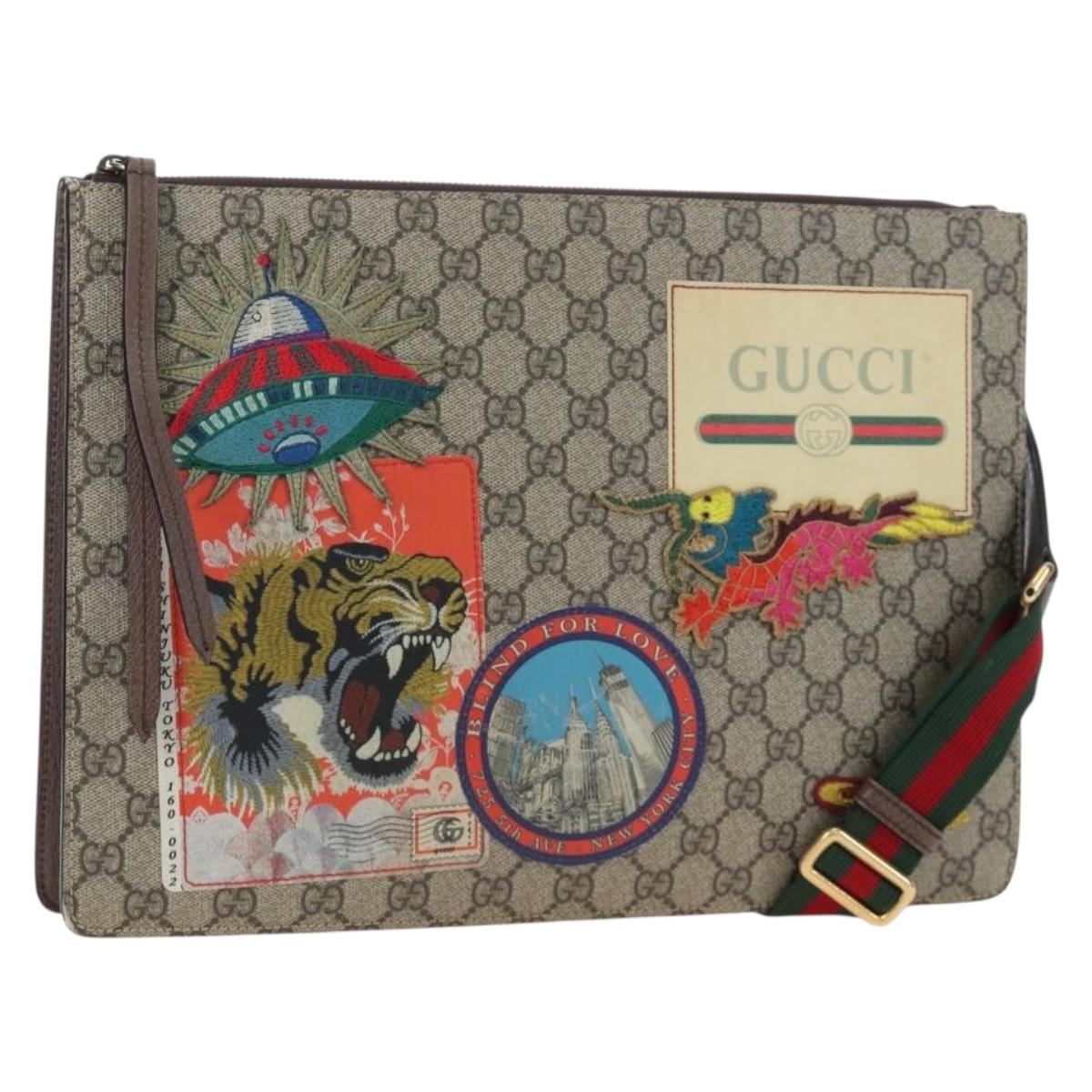 GUCCI GG Supreme Web Sherry Line Courier Bag PVC Beige Gold 474083 Auth 194145V