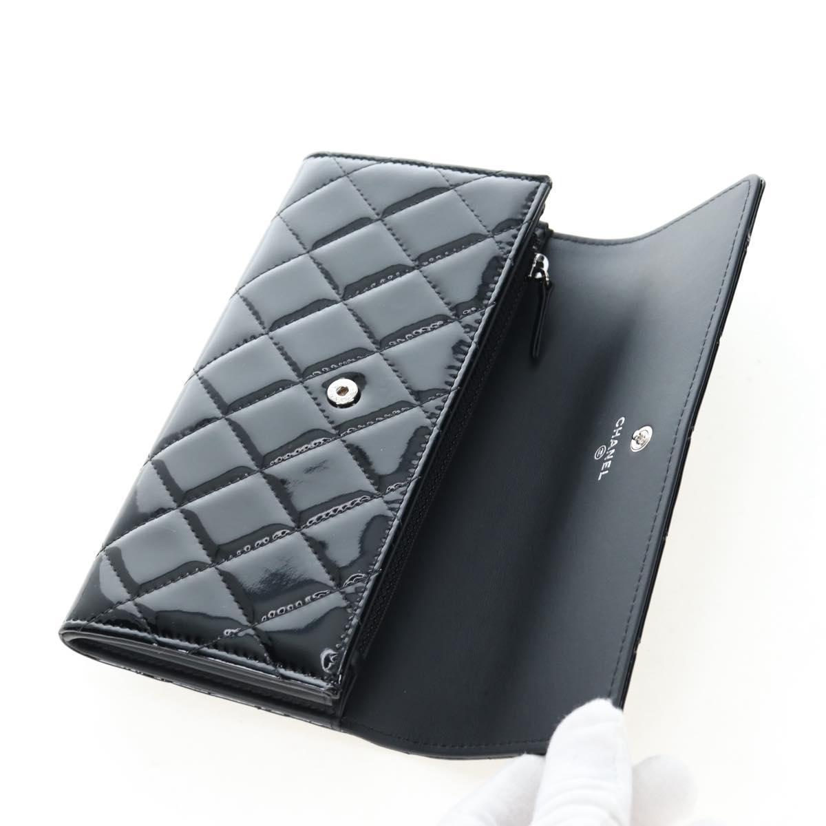 CHANEL Brilliant Matelasse Long Wallet Patent Black Silver CC Auth 194160M