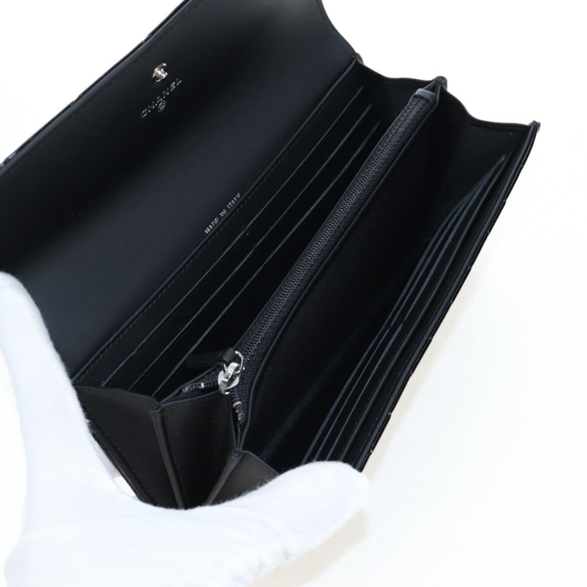 CHANEL Brilliant Matelasse Long Wallet Patent Black Silver CC Auth 194160M