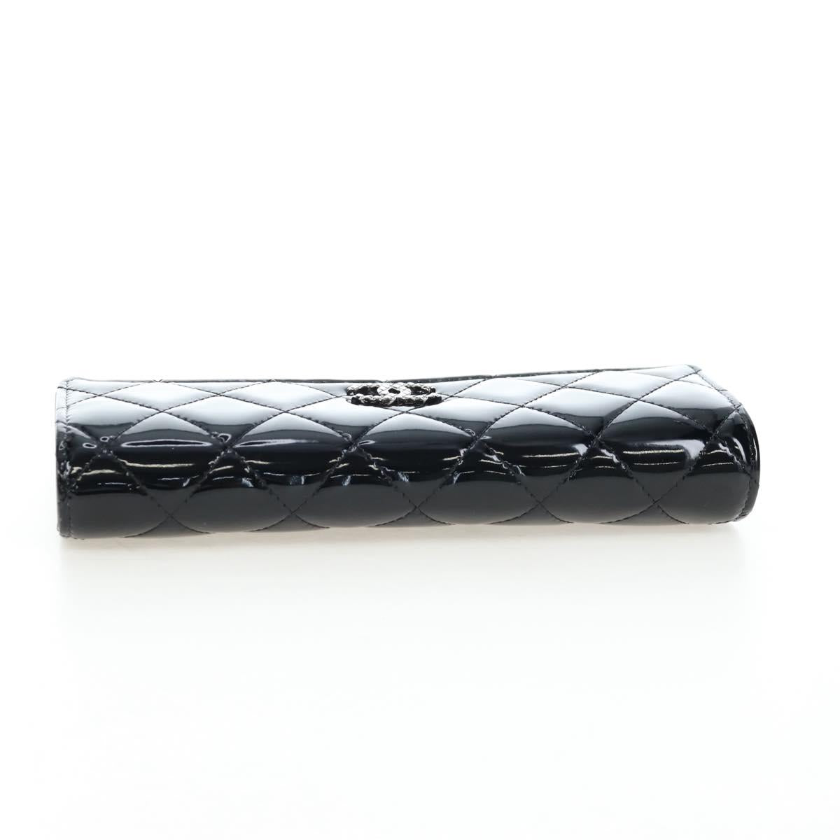CHANEL Brilliant Matelasse Long Wallet Patent Black Silver CC Auth 194160M