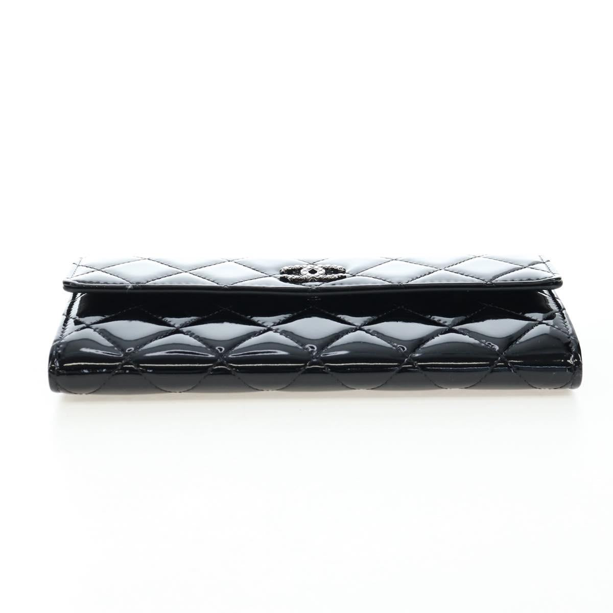 CHANEL Brilliant Matelasse Long Wallet Patent Black Silver CC Auth 194160M