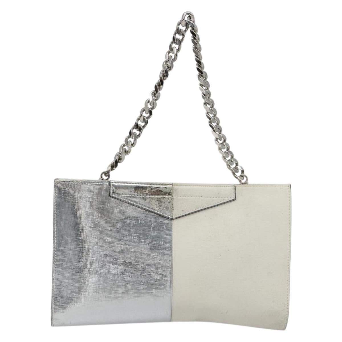 FENDI Chain Hand Bag Leather Silver White Auth 194186