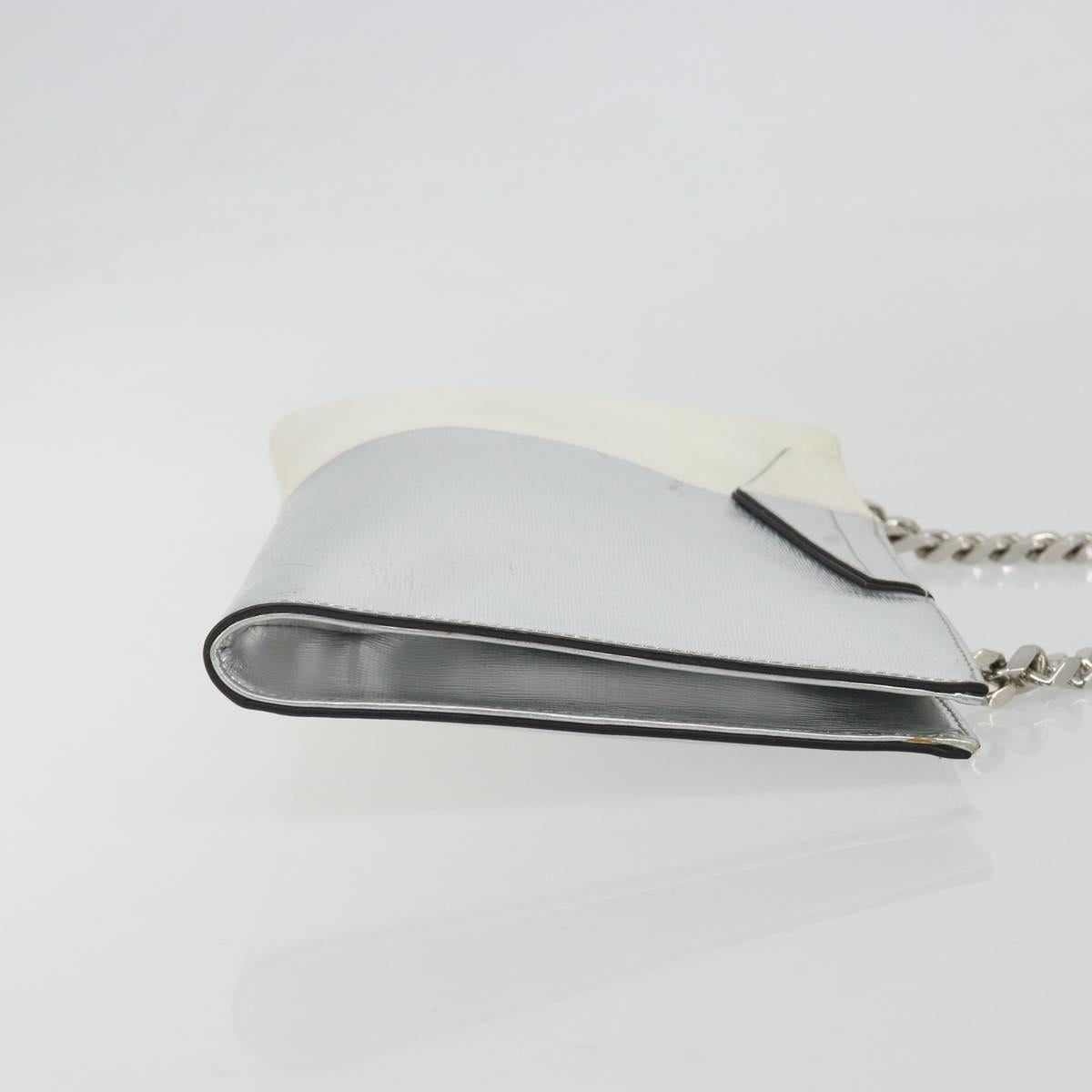 FENDI Chain Hand Bag Leather Silver White Auth 194186