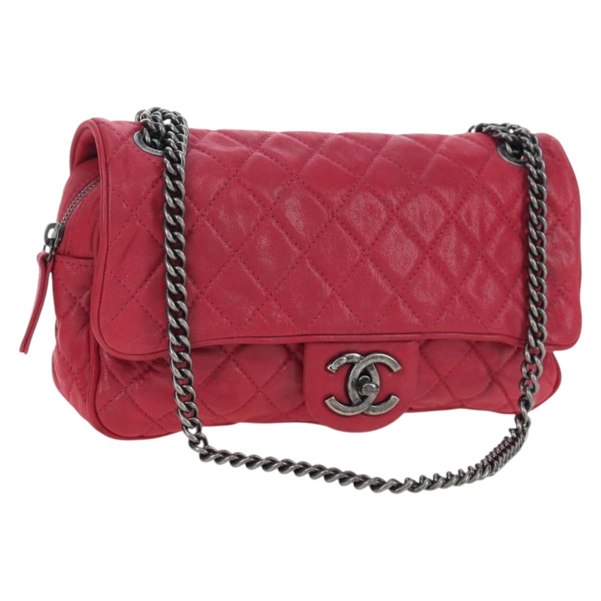 CHANEL Matelasse Chain Shoulder Bag Leather Pink Silver CC Auth 194187V