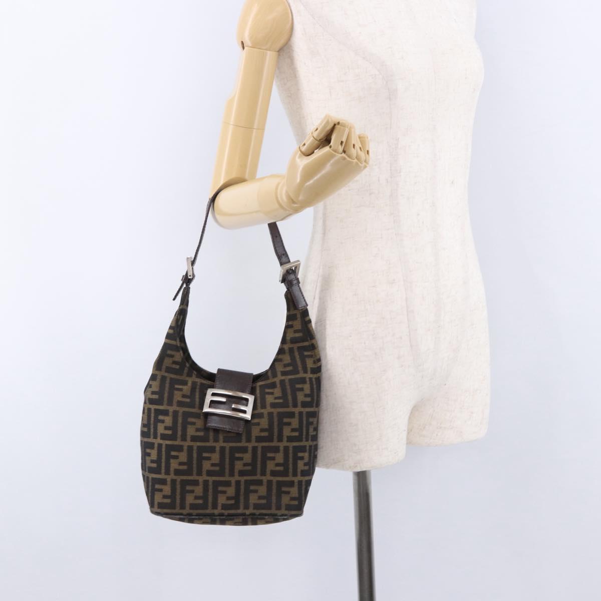 FENDI Zucca Canvas Hand Bag Brown Silver Auth 194196