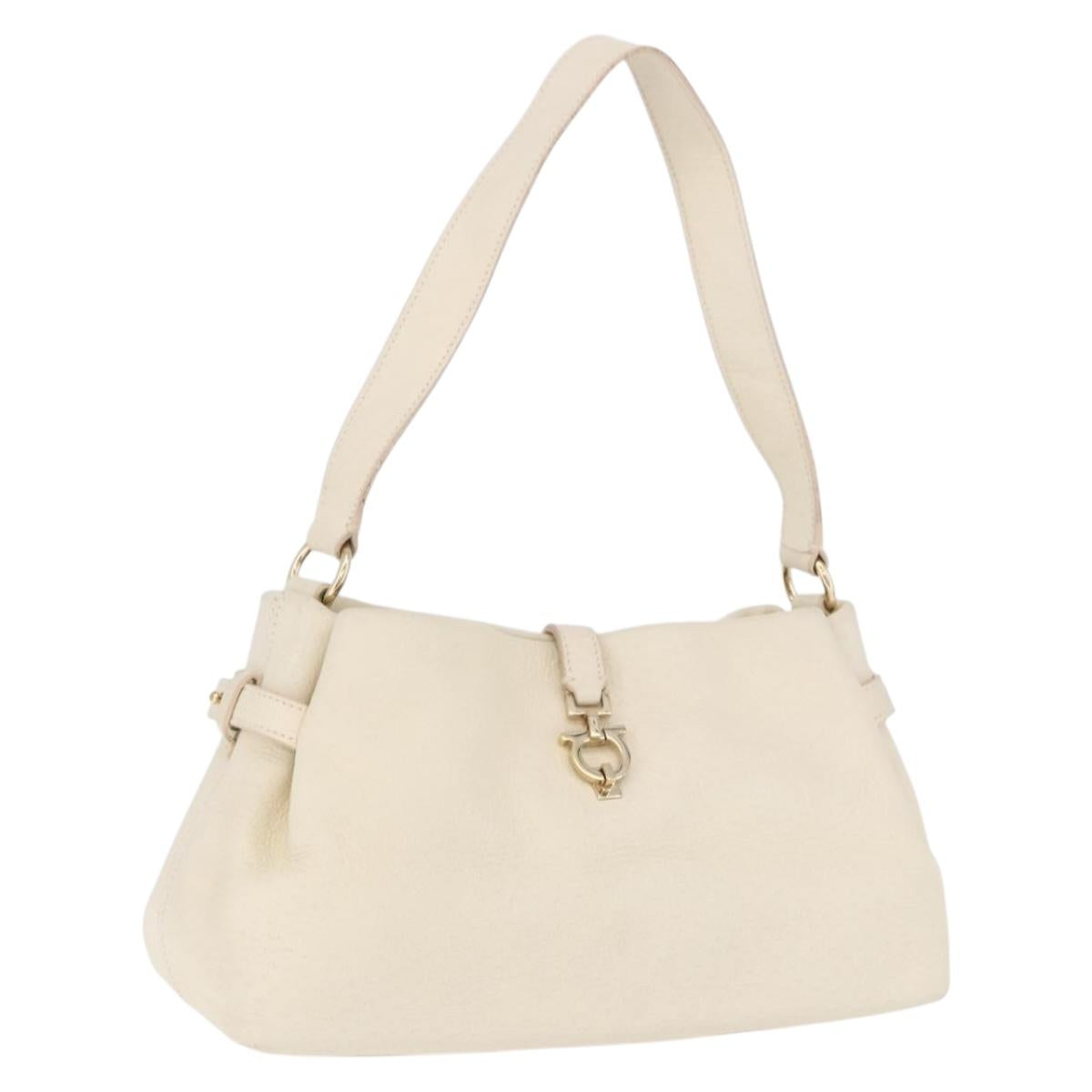 Salvatore Ferragamo Gancini Hand Bag Leather White Gold Tone Auth 194209A