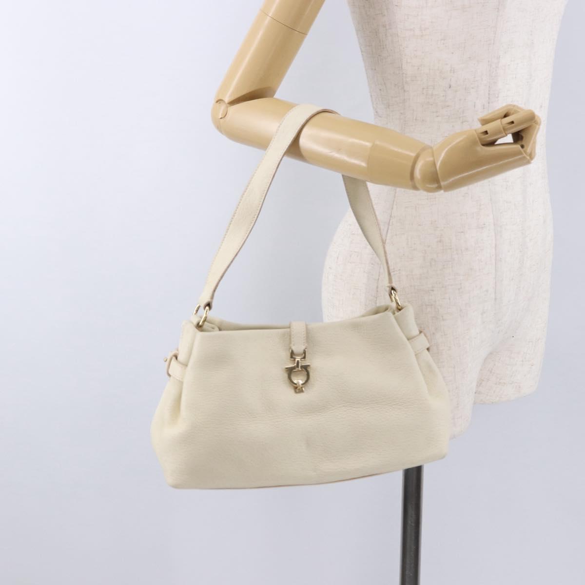 Salvatore Ferragamo Gancini Hand Bag Leather White Gold Tone Auth 194209A