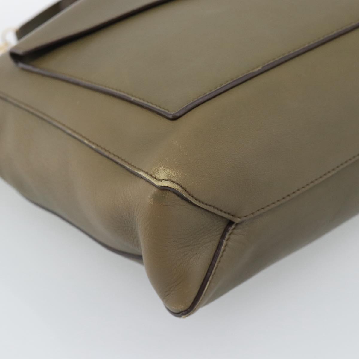 CELINE Chain Tote Bag Leather Khaki Gold Tone Auth 194216