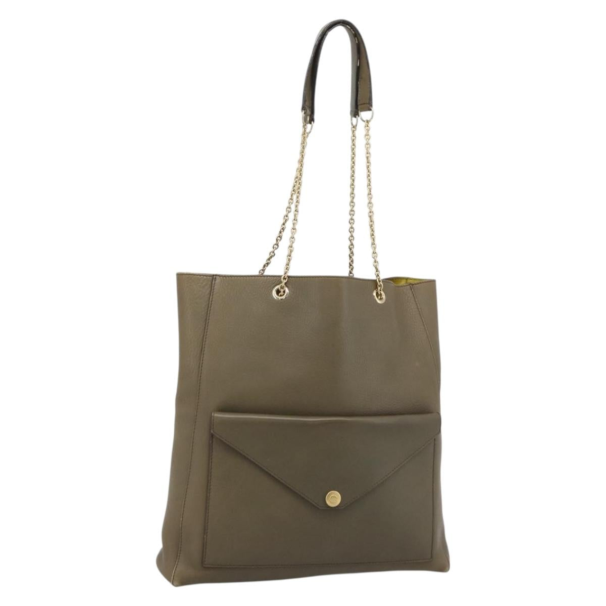 CELINE Chain Tote Bag Leather Khaki Gold Tone Auth 194216