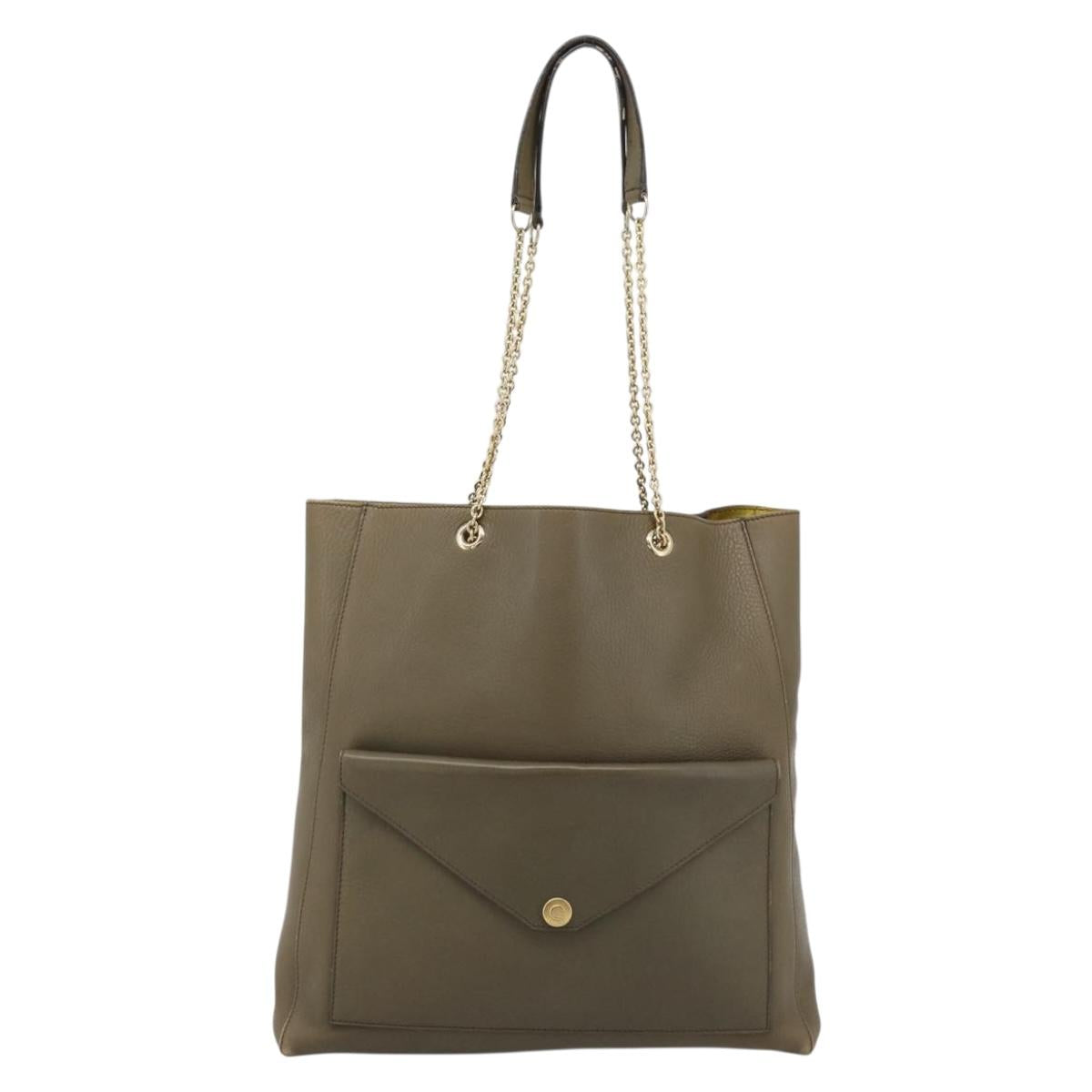 CELINE Chain Tote Bag Leather Khaki Gold Tone Auth 194216