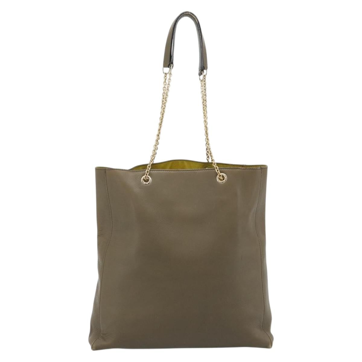 CELINE Chain Tote Bag Leather Khaki Gold Tone Auth 194216