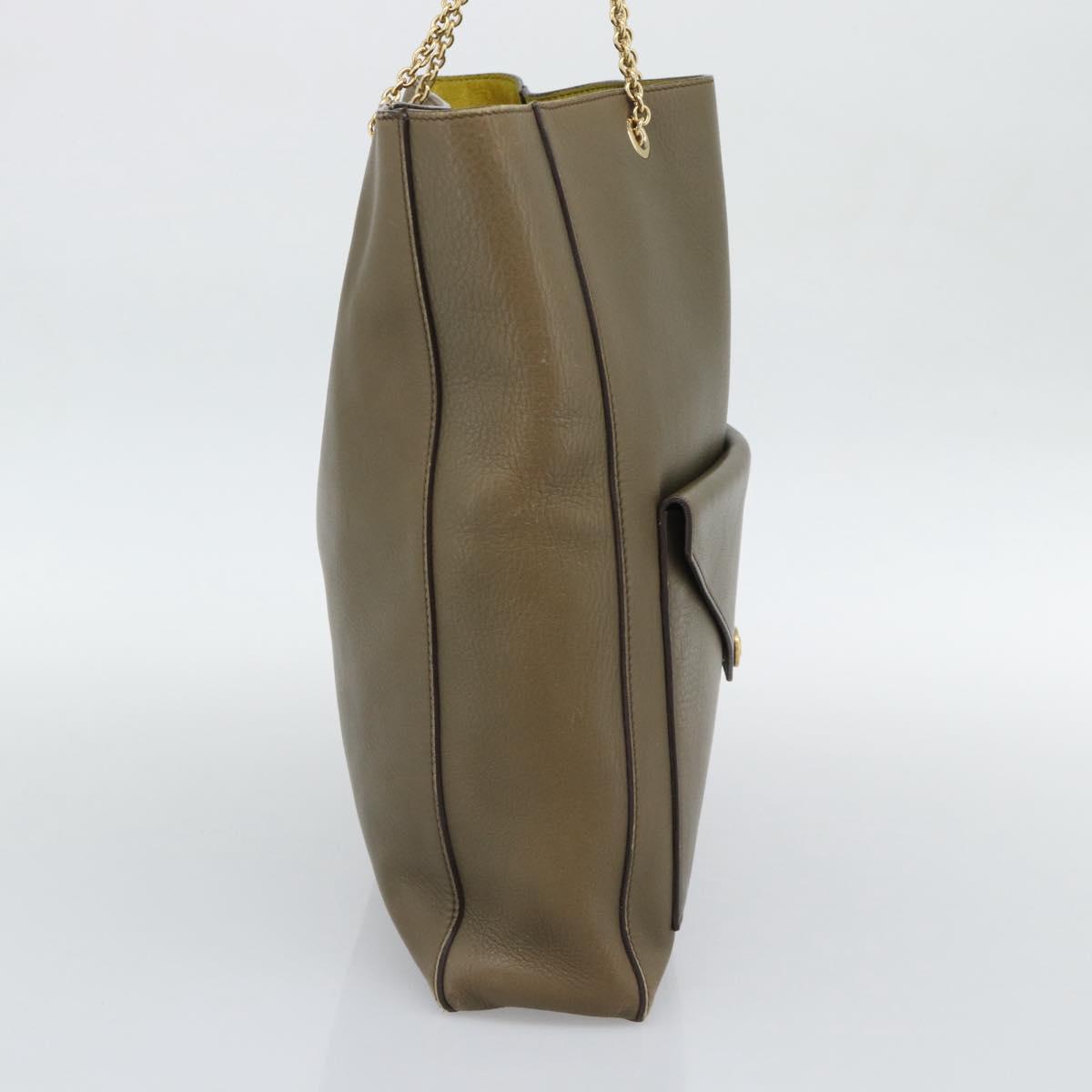 CELINE Chain Tote Bag Leather Khaki Gold Tone Auth 194216