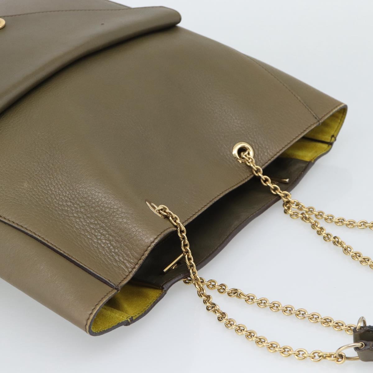 CELINE Chain Tote Bag Leather Khaki Gold Tone Auth 194216