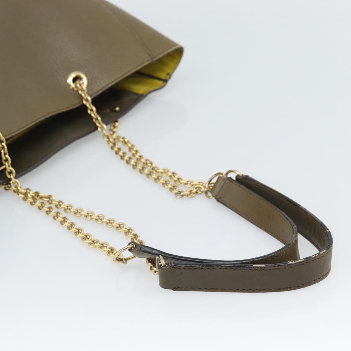 CELINE Chain Tote Bag Leather Khaki Gold Tone Auth 194216