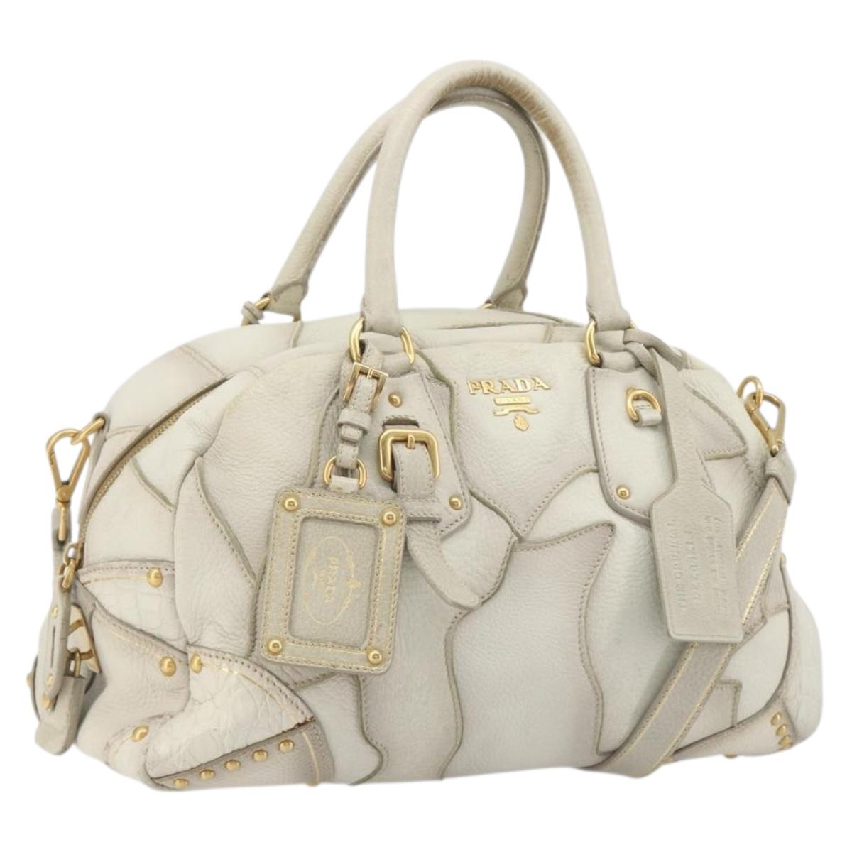 PRADA Hand Bag Embossed Leather 2way White Gold Auth 194231