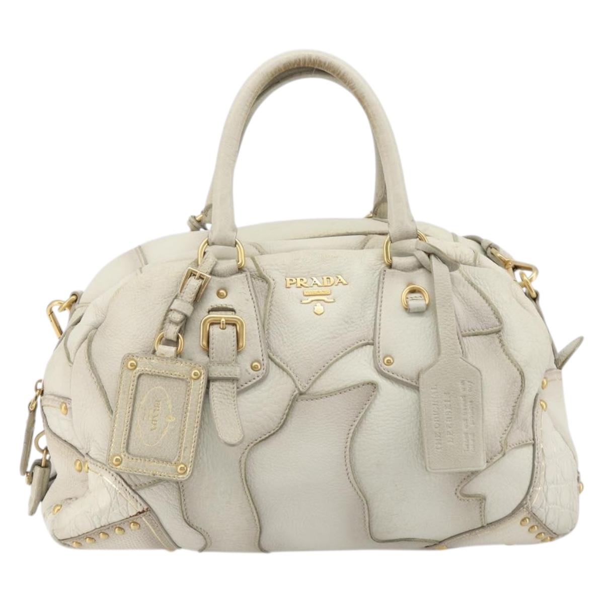 PRADA Hand Bag Embossed Leather 2way White Gold Auth 194231