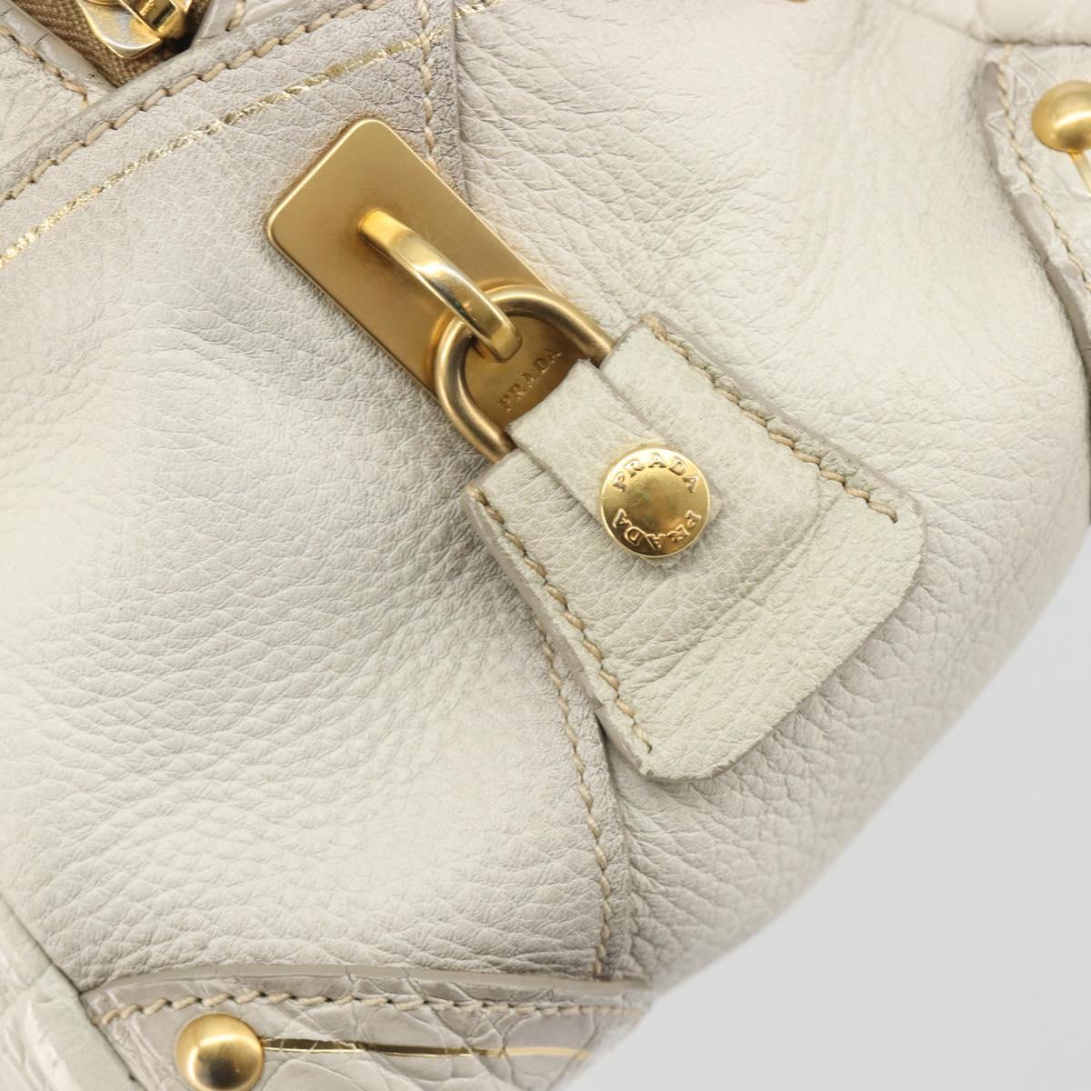 PRADA Hand Bag Embossed Leather 2way White Gold Auth 194231