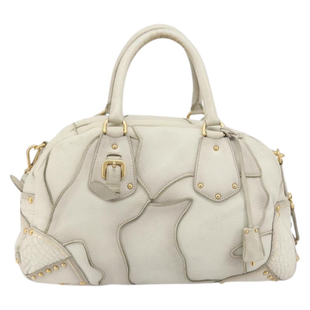 PRADA Hand Bag Embossed Leather 2way White Gold Auth 194231