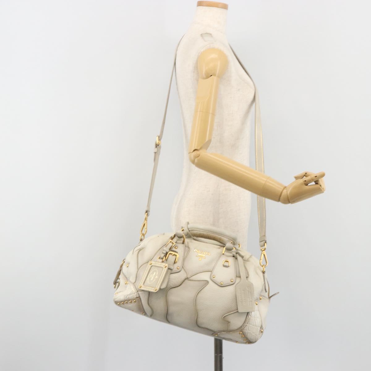 PRADA Hand Bag Embossed Leather 2way White Gold Auth 194231