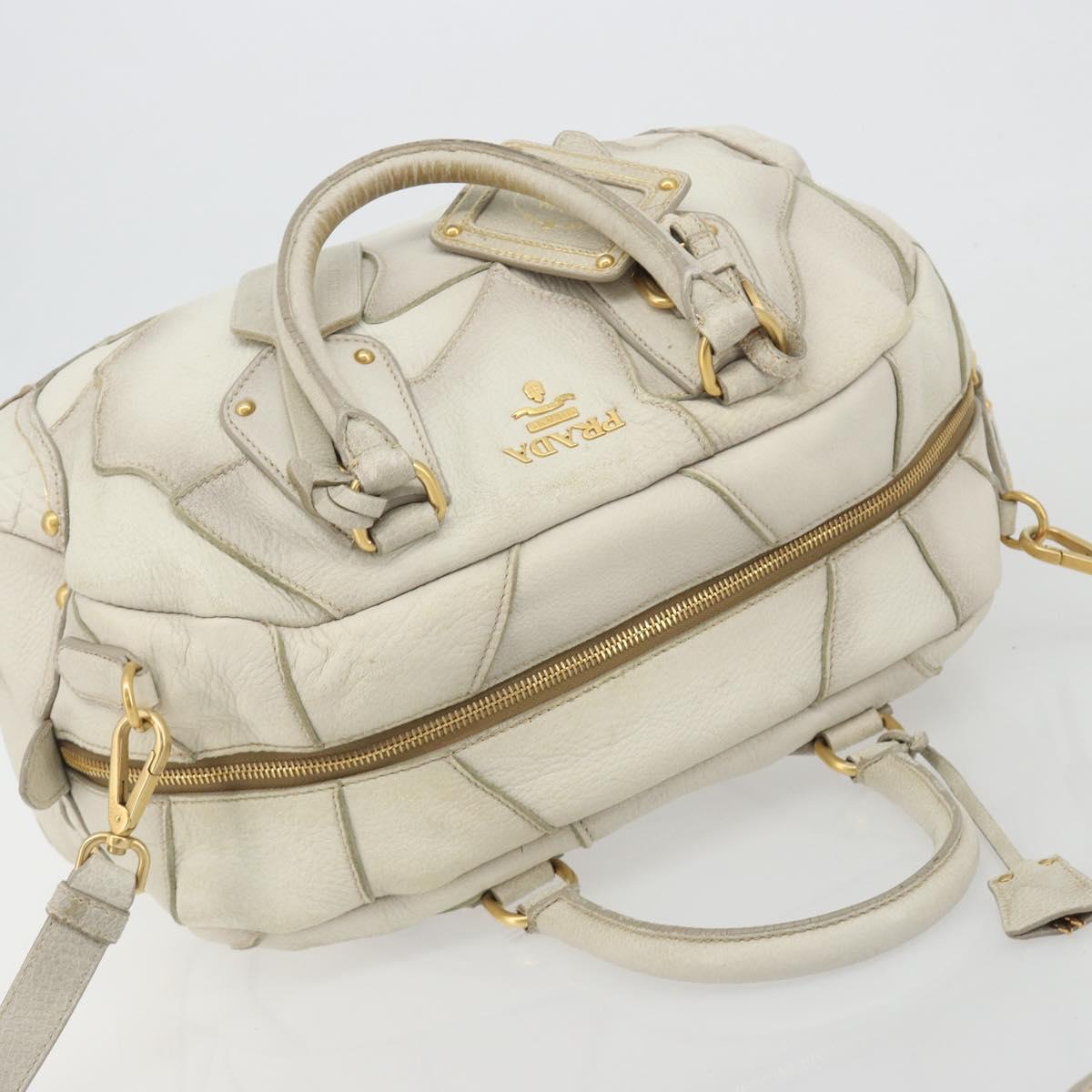 PRADA Hand Bag Embossed Leather 2way White Gold Auth 194231