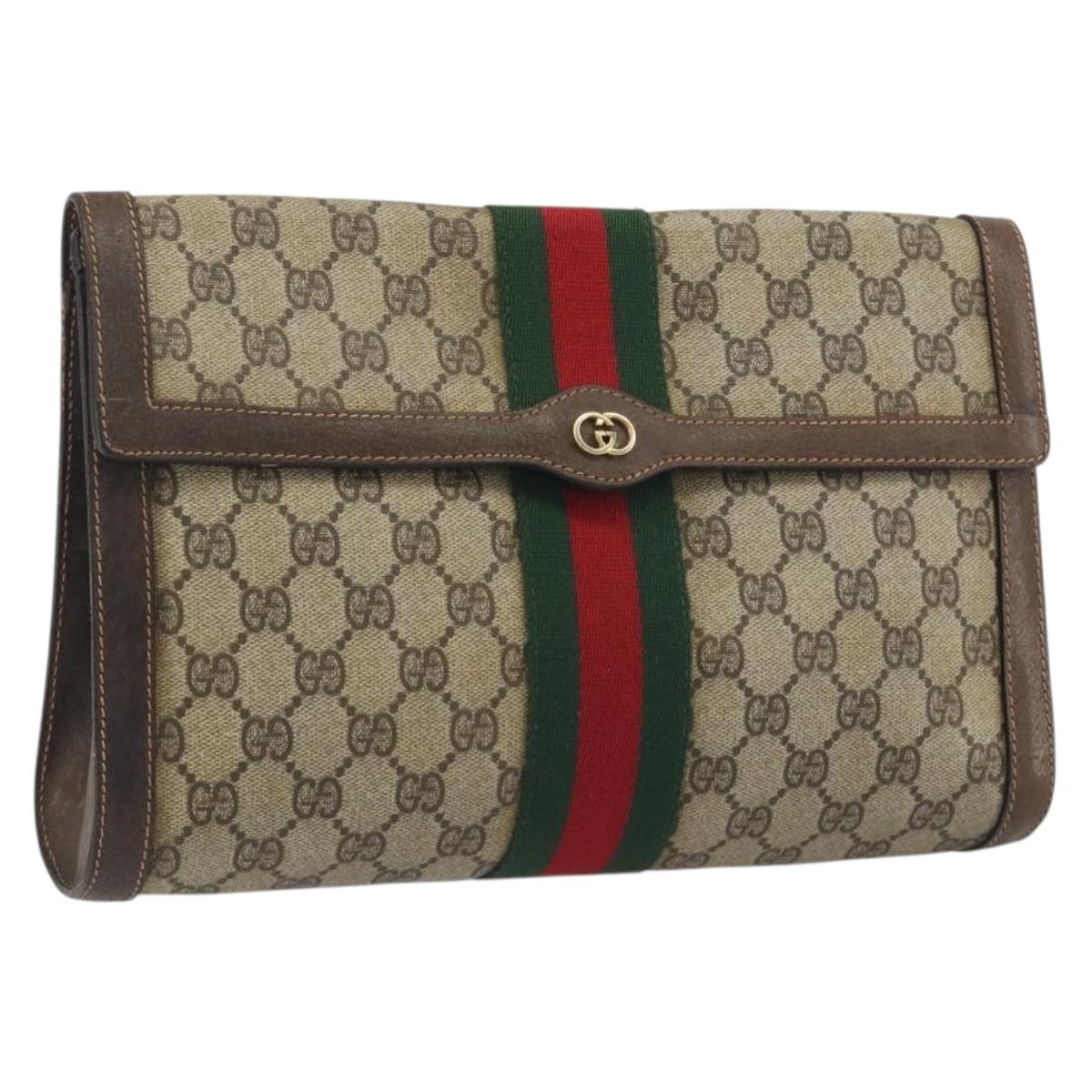 GUCCI PARFUMS GG Supreme Web Sherry Line Clutch Bag PVC Beige Gold Auth 194232