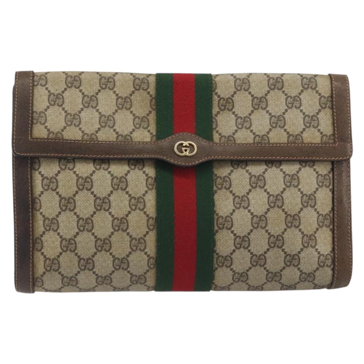 GUCCI PARFUMS GG Supreme Web Sherry Line Clutch Bag PVC Beige Gold Auth 194232